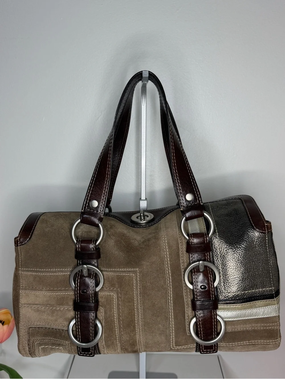 Vintage Coach Rare Suede Patchwork Leather Satchel Y2K Shoulder Bag Brown